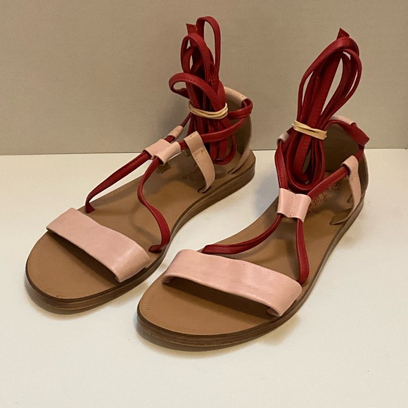 Anthropologie Liendo Pink Red Leather Sandals Strappy Flat Ankle Tie shoes - Picture 2 of 11